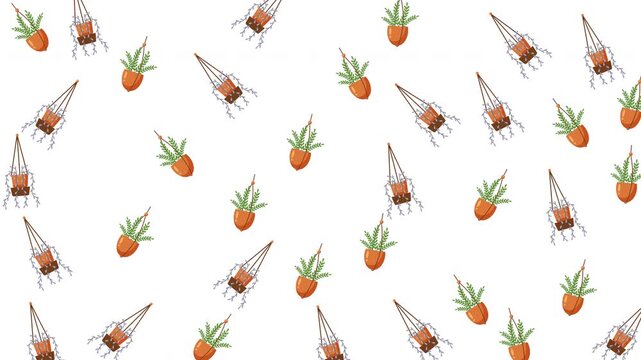 Minimalist seamless pattern of hanging potted plants and greenery on a white background