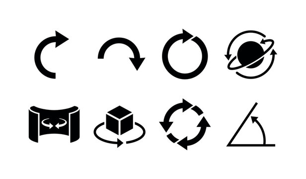 View Rotation Angles, solid glyph icon set featuring quarter-turn arrow, half-turn arrow, full rotation arrow, circular orbit, panorama symbol, product spin, refresh arrows and angle arc, covering 90