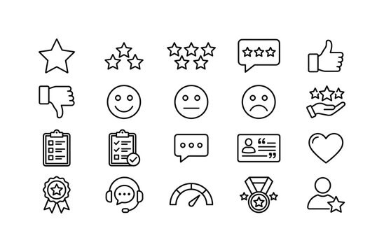Customer Satisfaction Feedback, line icon set featuring star rating, thumbs up, thumbs down, survey form, review bubble, loyalty heart, quality badge, testimonial card, support chat and satisfaction