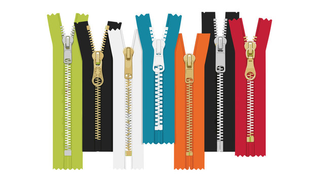 Colorful metal and plastic zippers vector set with open closed cloth zip fasteners isolated on white background