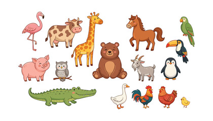 Obraz premium Cute animal vector illustration collection with wild safari and farm animals for nursery stickers kids design and education