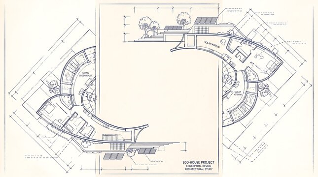 Architectural blueprint of a futuristic, curved building design with landscaping elements and misty mountain landscape background