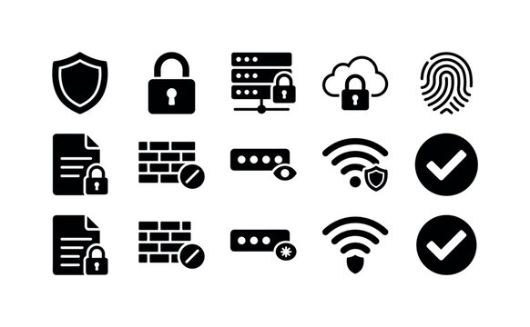 Network Privacy Protection, solid glyph icon set featuring shield, padlock, secure server, cloud lock, fingerprint, encrypted document, firewall, password field, Wi-Fi shield and security checkmark,