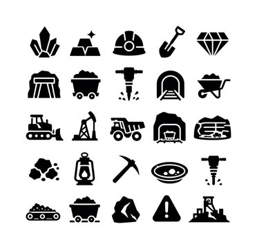Mining Industry Symbols &mdash; solid glyph icon set, 25 fully filled black glyph icons in a 5x5 grid featuring mineral, gold, miner helmet, shovel, diamond, mine, coal wagon, jackhammer, tunnel,