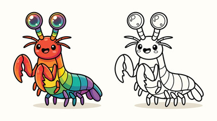Naklejka premium Cute rainbow mantis shrimp vector illustration with colored character and black and white outline version for children coloring book art