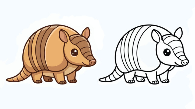 Cute cartoon armadillo vector illustration showing a colorful character design and a black and white outline coloring page for children