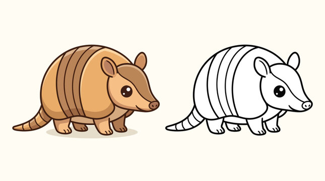 Cute cartoon armadillo vector illustration set featuring a colored version and a black and white outline for coloring book pages