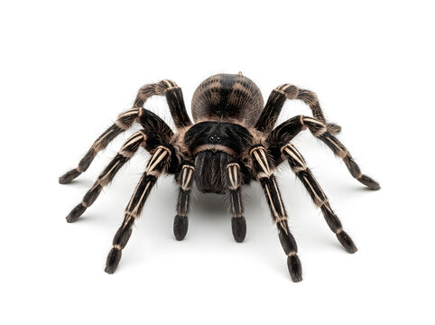 Close-up of venomous black and white striped tarantula spider isolated on white background