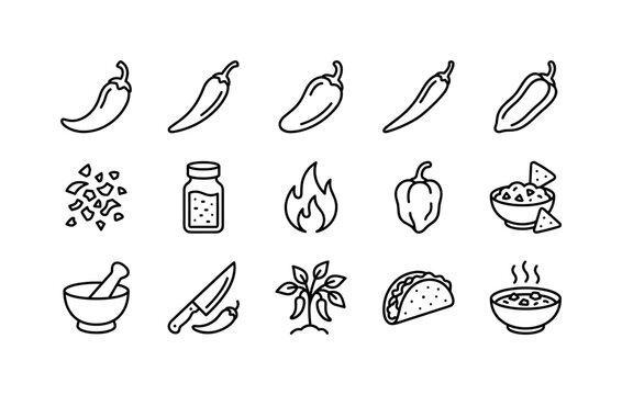 Hot Chili Peppers, line icon set featuring red chili, green chili, jalape&ntilde;o, cayenne, paprika, pepper flakes, spice jar and fire symbol, covering Mexican food, spicy cooking, restaurants and fresh