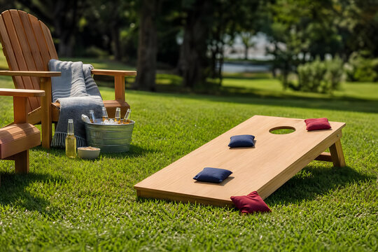 Cornhole Board on Lawn with Outdoor Chairs