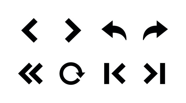Previous Next Controls, solid glyph icon set featuring left arrow, right arrow, back button, forward button, double chevron, circular arrow button, page previous symbol and page next symbol, covering