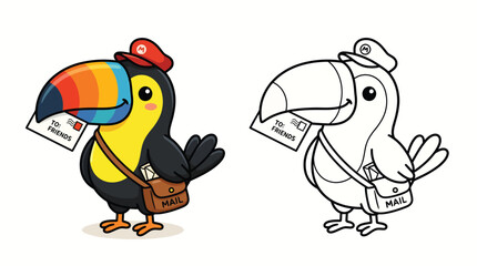 Naklejka premium Cute Toucan Postman Character Illustration with Colorful Design and Black and White Line Art Coloring Page Version for Kids
