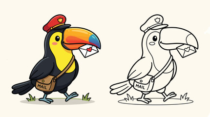 Naklejka premium Cute cartoon toucan mail carrier delivering a love letter in an adorable color illustration and matching outline for coloring book