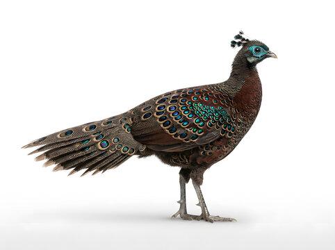 Male peacock pheasant standing in white studio background showcasing iridescent plumage and ornate tail feathers