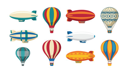 Vector collection of vintage hot air balloons and airships blimps dirigibles zeppelins icons for travel festival flight adventure illustration set © Monzurul
