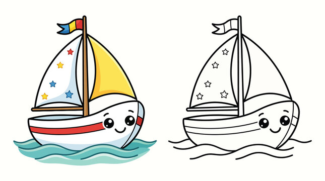 Cute cartoon sailboat coloring page vector illustration with colored example, adorable ship character on water waves for children activity