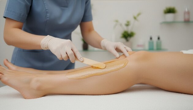 A professional beautician in a blue uniform applying warm honey wax paste on a client leg with a wooden spatula, performing hair removal epilation treatment in a bright modern wellness spa.