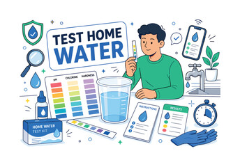 Naklejka premium Home Water Test Kit. A clean editorial banner showing a homeowner testing water beside an oversized sample cup and color chart, with test strips, dropper bottle, instruction card, gloves, faucet,