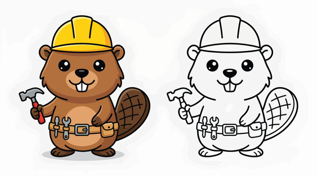 Cute beaver worker with hard hat and tools vector illustration, colored and black and white outline versions for kids coloring page