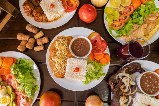 Overhead shot of brazilian typical food arrangement