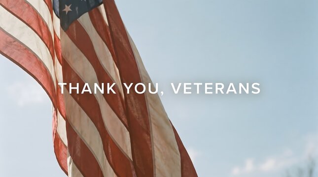 An American flag waving proudly against a blue sky with clouds, accompanied by a message of gratitude honoring the service, dedication, and sacrifices of military veterans on a national holiday