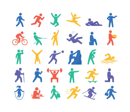 People In Motion &mdash; bright flat vector icon set of 30 isolated human action silhouettes including walking, running, jumping, dancing, lying, standing, presenting, cycling, pulling, reaching, falling,