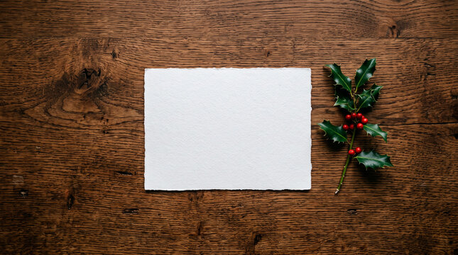 Blank card with space for text and a sprig of holly on a rustic wooden table.