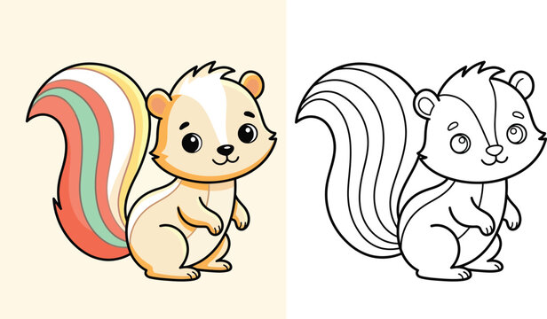 Cute cartoon skunk coloring page with a color reference guide for kids and toddlers to learn drawing and painting activities easily