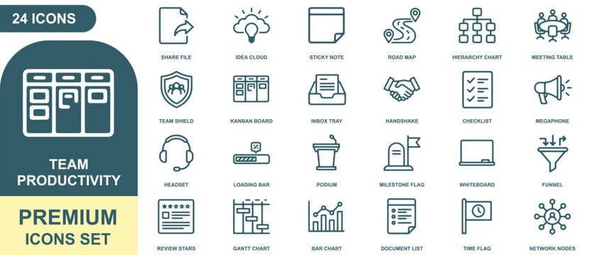 Team productivity icon sheet showing 24 outline symbols including kanban board, roadmap, handshake, and checklist