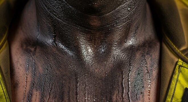 Soot-covered skin reflecting resilience after battling a wildfire, featuring dark textures, ash, sweat, and protective yellow gear details, nature, exhaustion, dirt