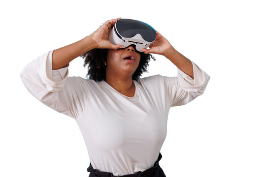 Woman experiencing virtual reality metaverse, wearing vr headset goggles, reaching out to explore digital immersive world
