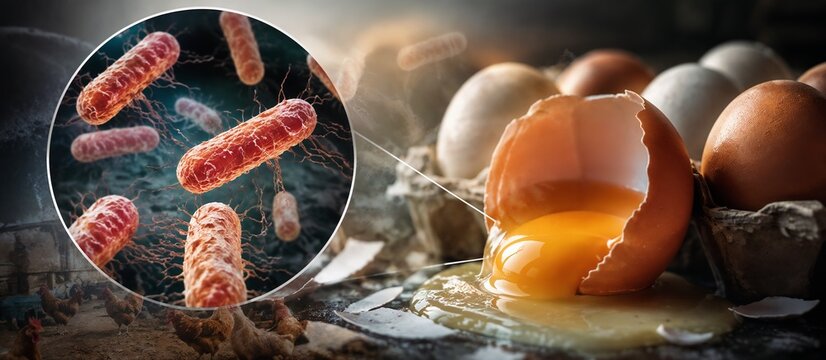 Salmonella Bacteria Contamination in Eggs, Food Safety and Poultry Health Concept