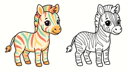 Naklejka premium Cute colorful zebra pair illustration with playful expressions, adorable striped safari animals for children's books, nursery decor and stickers