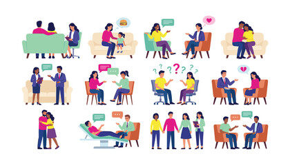 Fototapeta premium Psychology therapy session vector character set featuring couples family counseling child consultation and mental health support illustrations