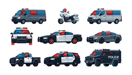 Police emergency vehicle collection set featuring cruiser sedan patrol car suv armored truck van motorcycle and pickup truck vector © Monzurul