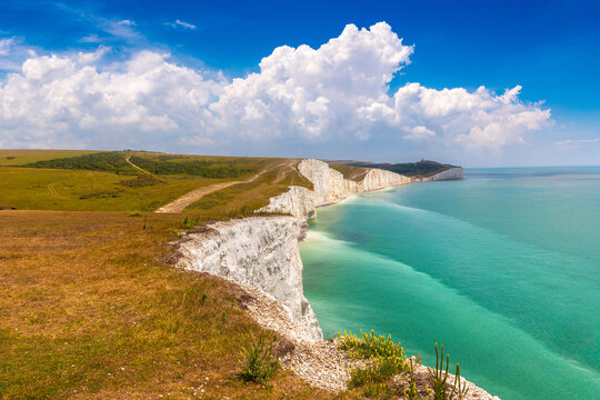 White Chalk Cliffs of Seven Sisters in South Downs National Park, England, UK