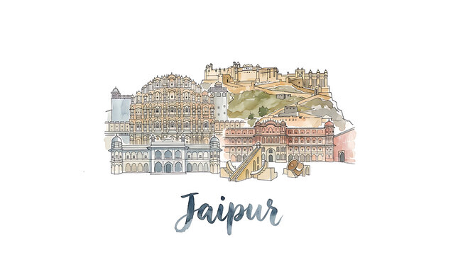 Artistic watercolor depiction of Jaipur cityscape highlighting historical palaces and vibrant architecture in a detailed