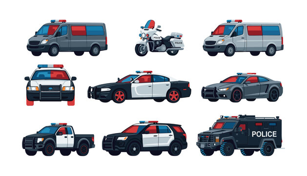 Police emergency vehicle collection set featuring cruiser sedan patrol car suv armored truck van motorcycle and pickup truck vector