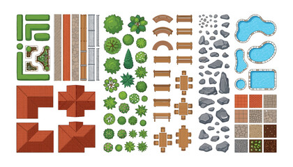 Fototapeta premium Landscape design elements top view set with houses roofs trees bushes furniture paths rocks and swimming pools vector