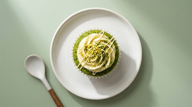 Delicious matcha cupcake with cream frosting on white plate