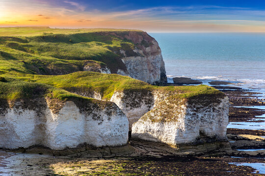 White Chalk Cliffs at Selwicks Bay during Sunset in Flamborough, England, UK