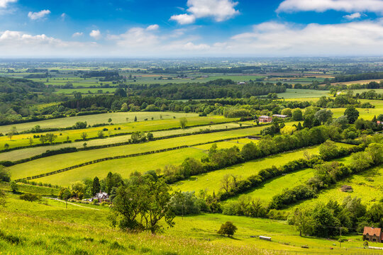 Panoramic Rural Landscape with Village and Fields in Yorkshire, England, UK