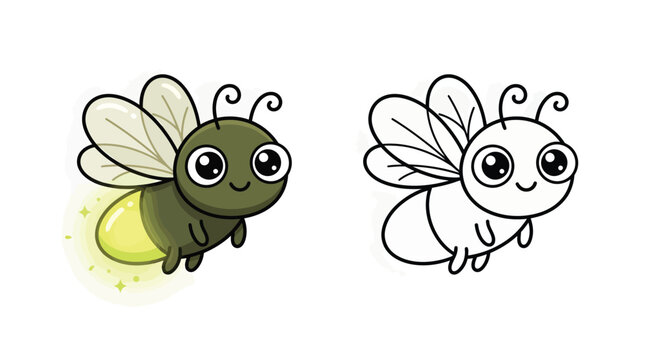 Cute cartoon firefly coloring book page vector illustration with colored version, adorable glowing bug character for kids creative activity