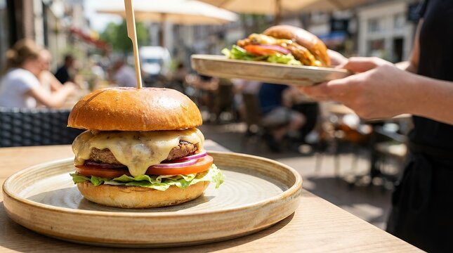 Fresh Gourmet Burger On Plate With Person Holding Food In Background burger cheeseburger food meal fresh delicious meat cheese vegetable plate snack dining person eating background fast lunch dinner