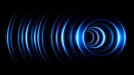 Naklejka premium Electric blue geometric rings form deep abstract tunnel with rhythm and spatial perspective. Blue circles and curved lines creates mysterious passage into darkness. Futuristic neon portal. 3d render