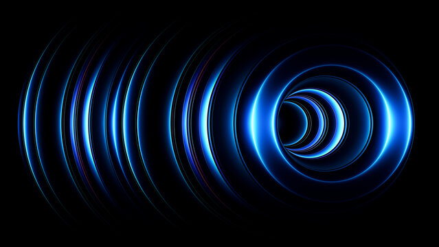 Electric blue geometric rings form deep abstract tunnel with rhythm and spatial perspective. Blue circles and curved lines creates mysterious passage into darkness. Futuristic neon portal. 3d render