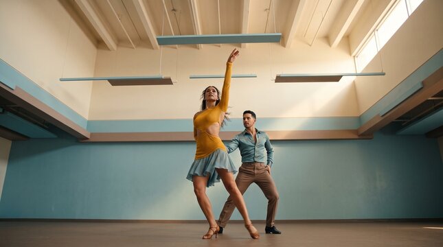 Professional Salsa Dancers Performing Expressive Shine Sequence Beneath Tall Studio Architecture, Yellow Dress and Cyan Skirt Creating Dynamic Cinematic Movement