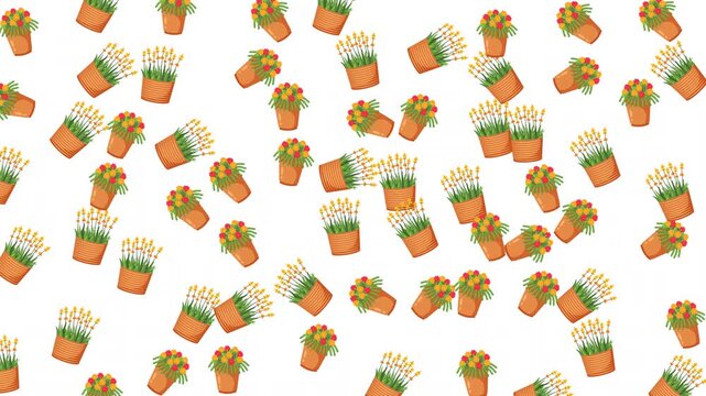 Seamless pattern with colorful blooming potted plants and ceramic pots on a white background