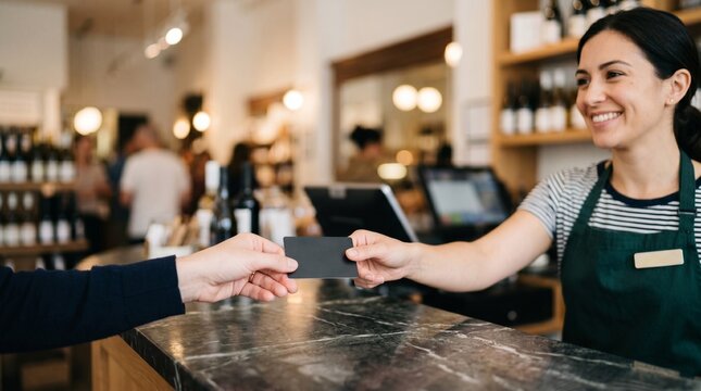 Smiling cashier hands over a blank black card to a customer at a retail store counter during a sale event