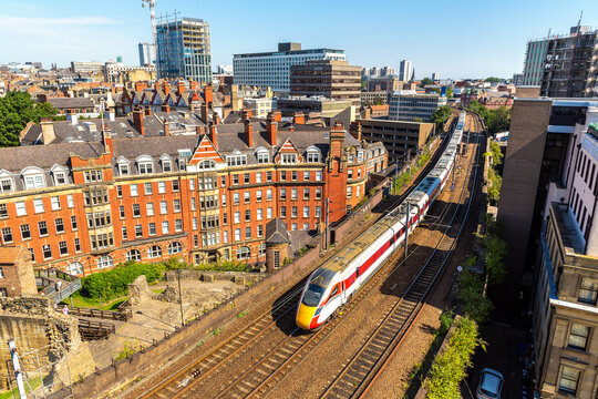 Electric Multiple Unit train Arriving at Newcastle railway Station in Newcastle upon Tyne, England, UK